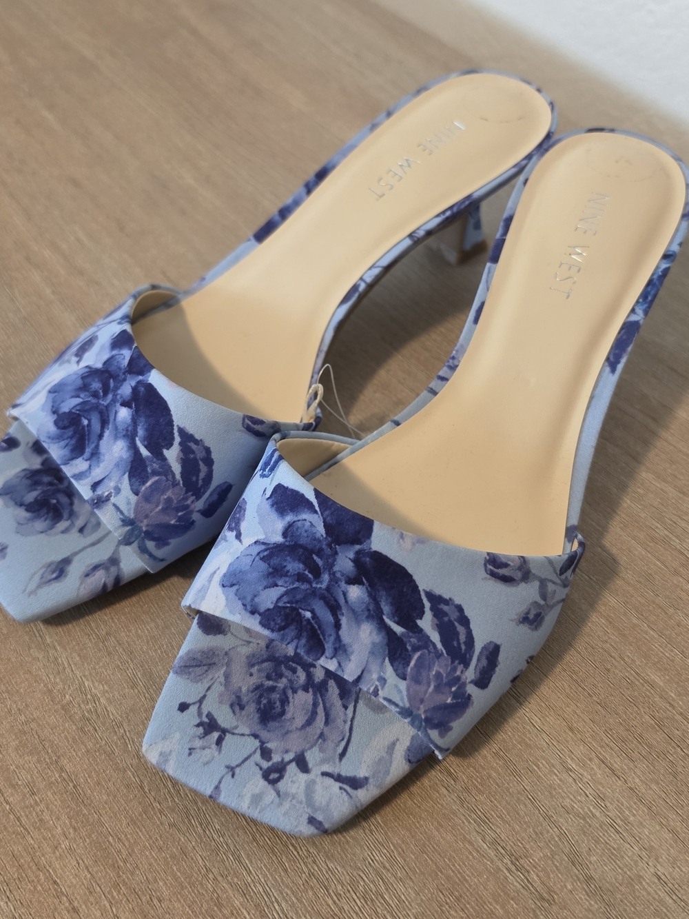 Nine West Blue Floral Square-Toe Slide Kitten Heel